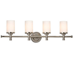 Brighton Four Light Vanity - Chrome, Satin White Glass - 100W, Med. Base, 32"W x 9-1/4"H, Non-Dimmable, Elegant Bathroom Fixture
