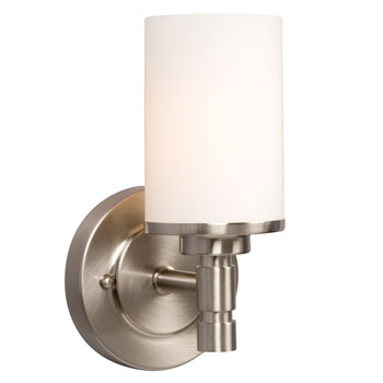 Brighton Single Light Vanity - Brushed Nickel, Satin White Glass, 100W, Energy Star, Non-Dimmable, 5"W x 9.25"H - Modern Elegance for Bathrooms