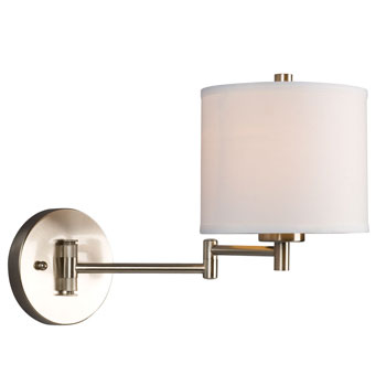 Brushed Nickel Swing Arm Wall Sconce w/ Off-White Linen Shade, A15 Bulb, 60W, Med. Base - 6.75"W x 11"H, Non-Dimmable, Ideal for Modern Interiors.