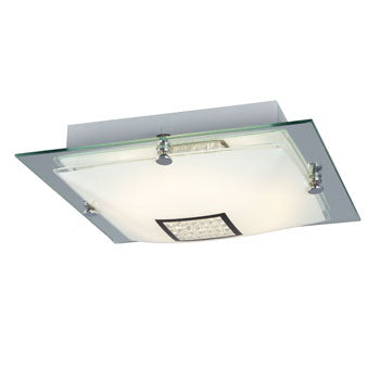 Michio III Flush Mount Ceiling Light - Chrome, White Glass & Clear Crystal, 2x40W Bulbs, Non-Dimmable, 12.6"x12.6"x3.75", Ceiling Fixtures, Galaxy Lighting - Maple Electric Supply 