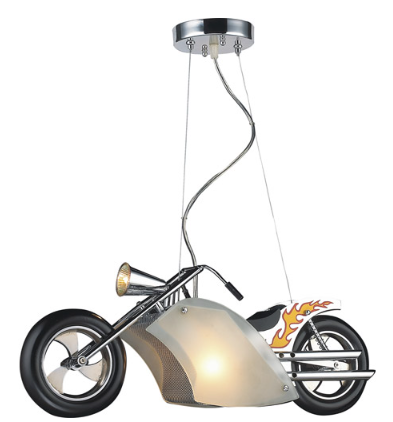 Motorcycle Frosted Glass Shade & Chrome Hardware Light Fixture - Unique Motorcycle Design for Children's Room, Adjustable 59" Cords, White Finish