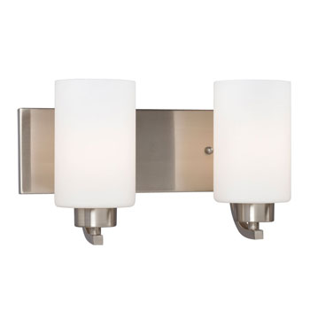 Pittman 2-Light Vanity, Brushed Nickel, Satin White Glass, 100W, 14" Width, Non-Dimmable, Med Base