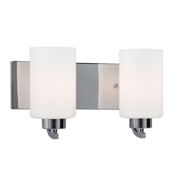 Pittman 2-Light Vanity Fixture, Polished Chrome, Satin White Glass, 100W, Med. Base, 14"W x 7¾"H, Non-Dimmable