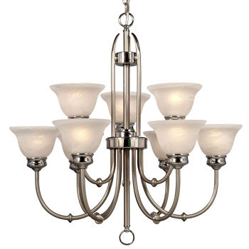 Promenade Nine Light Chandelier – Brushed Nickel/Chrome, Marbled Glass, 60W Bulbs, 29" Diameter x 29" Height, Medium Base, Chandeliers, Galaxy Lighting - Maple Electric Supply 