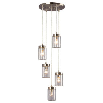 Quentin 5-Light Pendant in Brushed Nickel with Clear Glass Shades - 40W Bulbs, Med. Base, 13.5"D x 6.1"H, Non-Dimmable, Pendants, Galaxy Lighting - Maple Electric Supply 