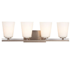 Radcliff Four Light Vanity - Brushed Nickel with White Glass, 25.5"x8"x6.5", 100W Bulbs, Medium Base, Non-Dimmable