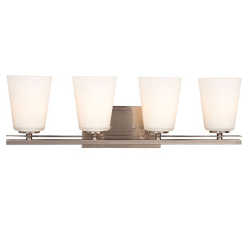 Radcliff Four Light Vanity - Brushed Nickel with White Glass, 25.5"x8"x6.5", 100W Bulbs, Medium Base, Non-Dimmable