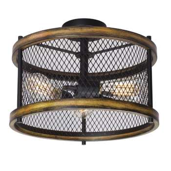 Revival Semi-Flush Light - Black/Wood Finish, 3 x 60W Bulbs, Dimmable, 15"D x 11.5"H, Med. Base