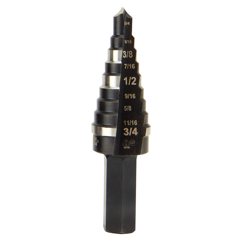 Step Drill Bit Double Fluted #3, 1/4 to 3/4-Inch, High Speed Steel - Double Flute, Klein Tools - Maple Electric Supply 