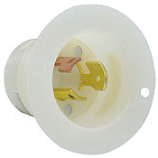 7556 White Inlet Flanged Locking, 3P 3W Non-NEMA 15A 125V, C & I PLUGS AND CONNECTORS, Leviton - Maple Electric Supply 