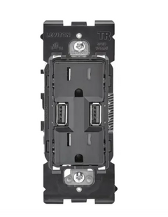 Leviton Renu RUAA1-CX0 Duplex Receptacle/USB Charger, Tamper-Resistant, 15Amp, 125V, Interchangeable Faceplates