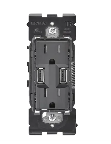 Leviton Renu RUAA1-CX0 Duplex Receptacle/USB Charger, Tamper-Resistant, 15Amp, 125V, Interchangeable Faceplates