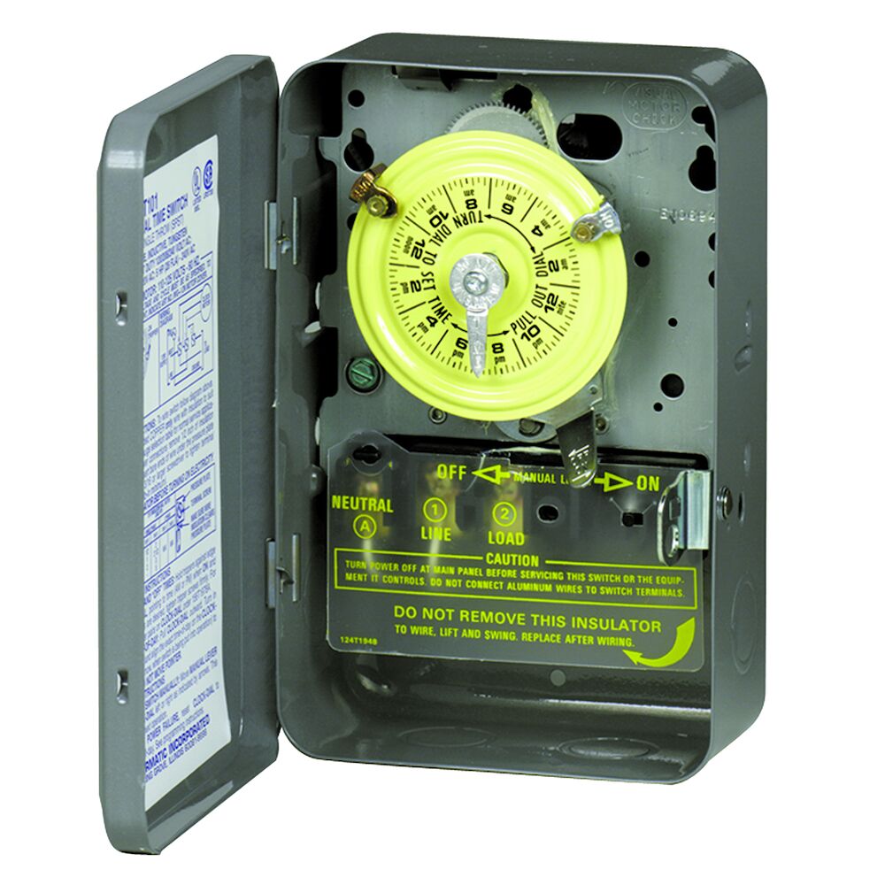 24-Hour Mechanical Time Switch, 120 VAC, 60Hz, SPST, Indoor Metal Enclosure, 1 Hour Interval - Maple Electric Supply 