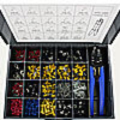 Metal kit box w/ scoop compartments; hts-1000 crimping tool; 500 assorted vinyl insulated terminals and connectors